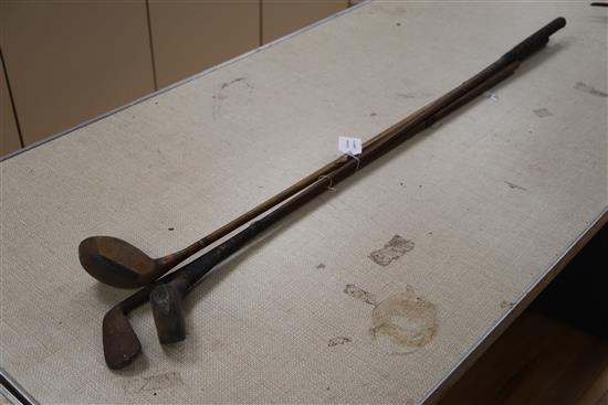 A D. Herd scared-neck bulger driver, c.1895, a L. Searle Elmstead GC hickory shafted driver and a hickory shafted iron